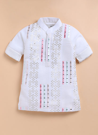 Blended Chiffon Georgette Mirror Work Embellished and Embroidered Full Sleeves Woven Pack of 2 Kurta Pajama Ethnic Set-  Off White