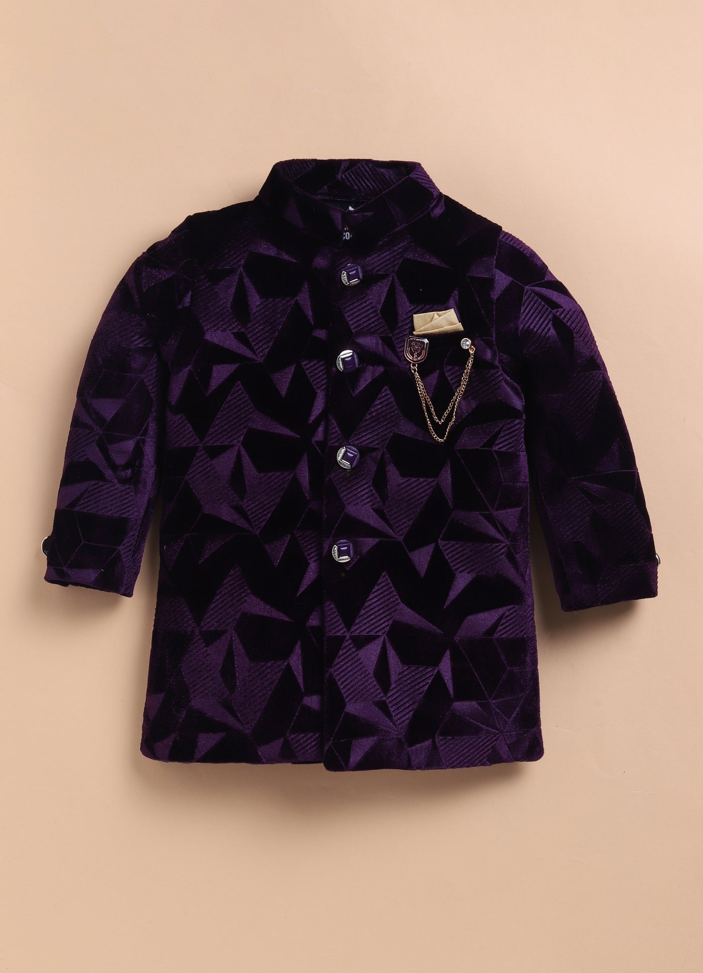 Velvet Woven Full Sleeves Abstract Geometric Jacquard Achkan Pajama Pants With Brooch Ethnic Set - Wine