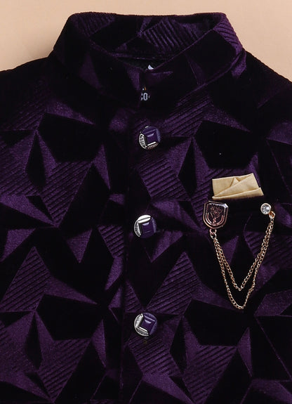 Velvet Woven Full Sleeves Abstract Geometric Jacquard Achkan Pajama Pants With Brooch Ethnic Set - Wine