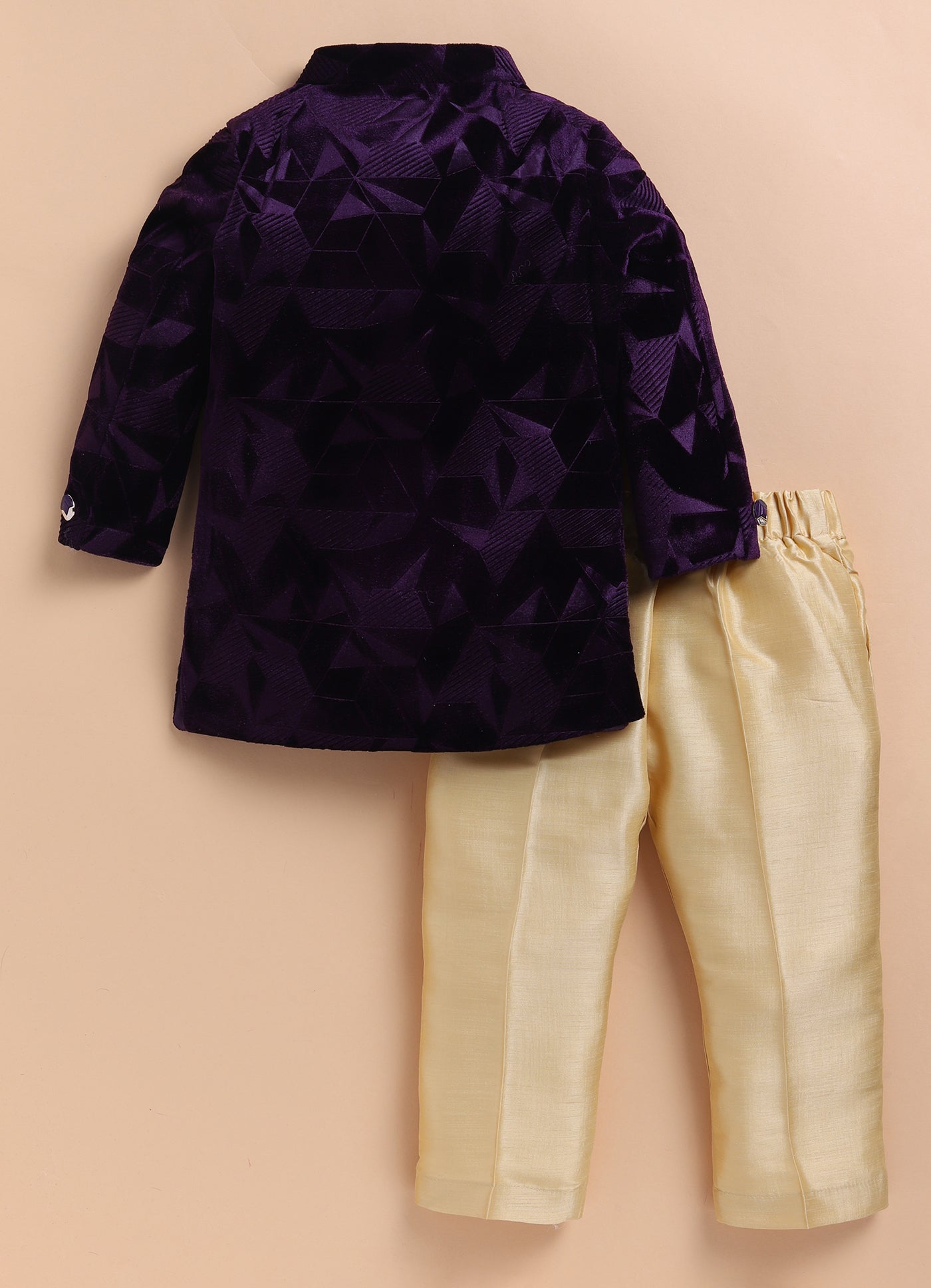 Velvet Woven Full Sleeves Abstract Geometric Jacquard Achkan Pajama Pants With Brooch Ethnic Set - Wine