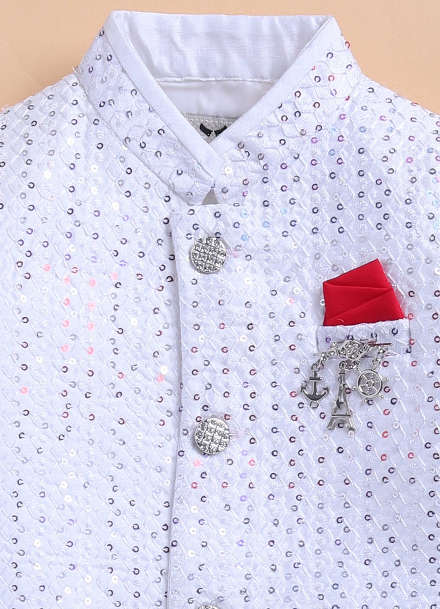 Blended Silk Woven Full Sleeves Sequins Embellished and Embroidered Achkan Pajama Pants with Brooch Partywear Set - White