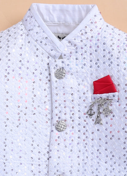 Blended Silk Woven Full Sleeves Sequins Embellished and Embroidered Achkan Pajama Pants with Brooch Partywear Set - White