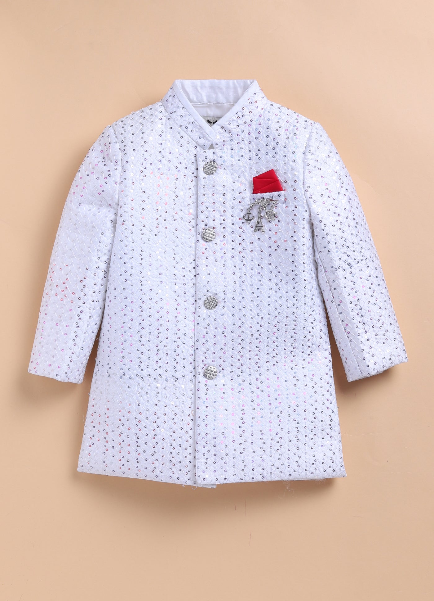 Blended Silk Woven Full Sleeves Sequins Embellished and Embroidered Achkan Pajama Pants with Brooch Partywear Set - White