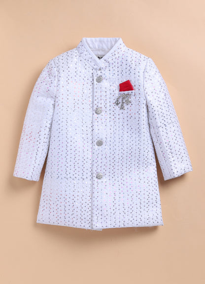 Blended Silk Woven Full Sleeves Sequins Embellished and Embroidered Achkan Pajama Pants with Brooch Partywear Set - White
