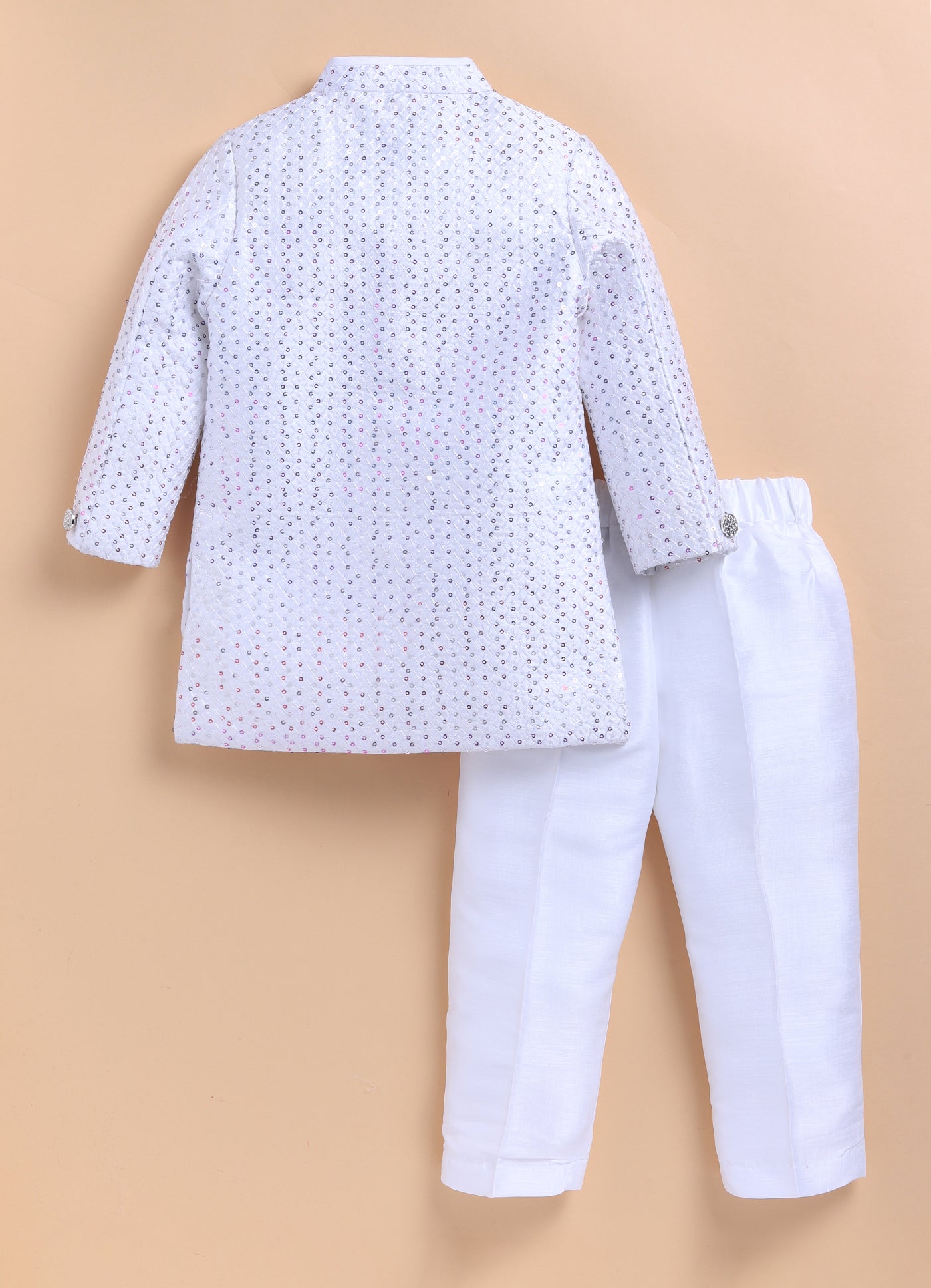 Blended Silk Woven Full Sleeves Sequins Embellished and Embroidered Achkan Pajama Pants with Brooch Partywear Set - White