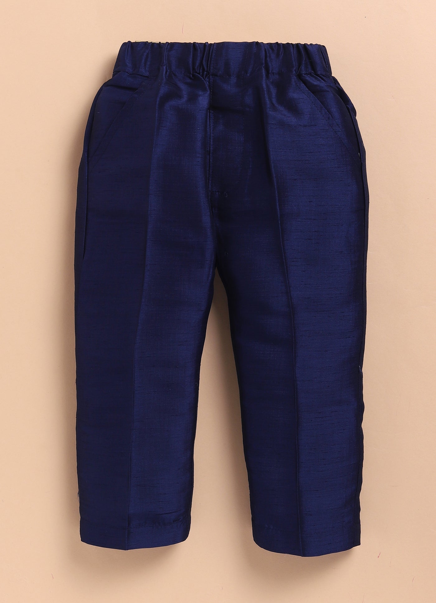 Little Collars Blended Silk Woven Full Sleeves Sequins Embellished and Embroidered Achkan Pyjama Pants with Brooch Partywear Set - Navy Blue