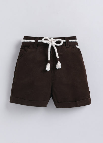Boys Mesh Net Striped Korean Fit  Shirt, Forest printed T-Shirt, Short Pant with Jute Drawstring Casual Set - Coffee