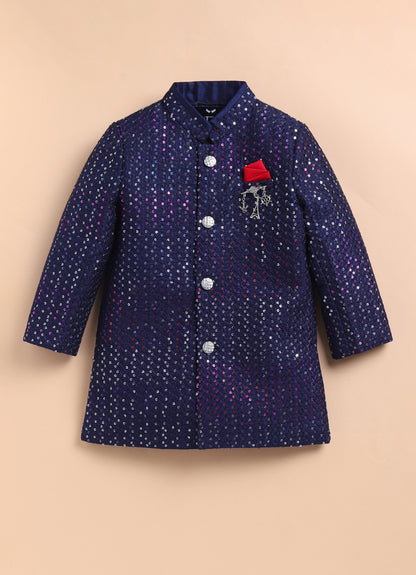 Little Collars Blended Silk Woven Full Sleeves Sequins Embellished and Embroidered Achkan Pyjama Pants with Brooch Partywear Set - Navy Blue