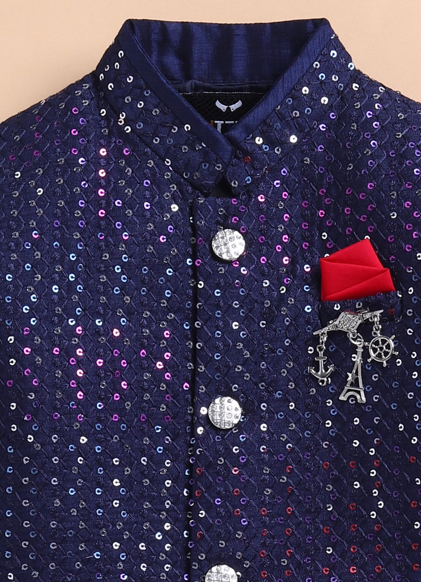Little Collars Blended Silk Woven Full Sleeves Sequins Embellished and Embroidered Achkan Pyjama Pants with Brooch Partywear Set - Navy Blue