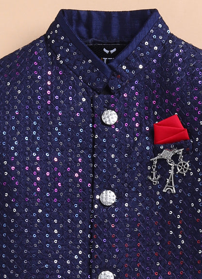 Little Collars Blended Silk Woven Full Sleeves Sequins Embellished and Embroidered Achkan Pyjama Pants with Brooch Partywear Set - Navy Blue