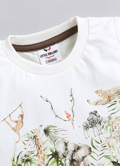 Boys Mesh Net Striped Korean Fit  Shirt, Forest printed T-Shirt, Short Pant with Jute Drawstring Casual Set - Coffee