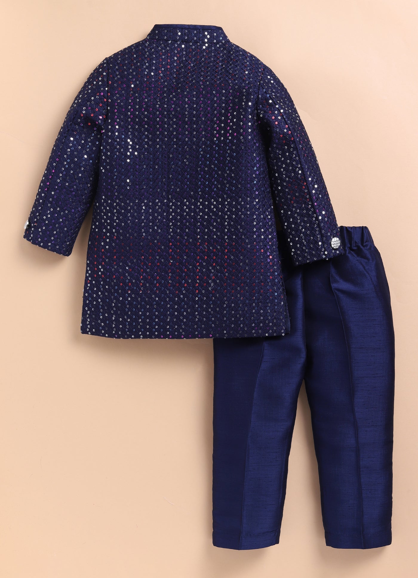 Little Collars Blended Silk Woven Full Sleeves Sequins Embellished and Embroidered Achkan Pyjama Pants with Brooch Partywear Set - Navy Blue