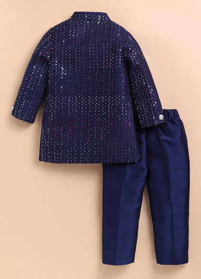 Little Collars Blended Silk Woven Full Sleeves Sequins Embellished and Embroidered Achkan Pyjama Pants with Brooch Partywear Set - Navy Blue