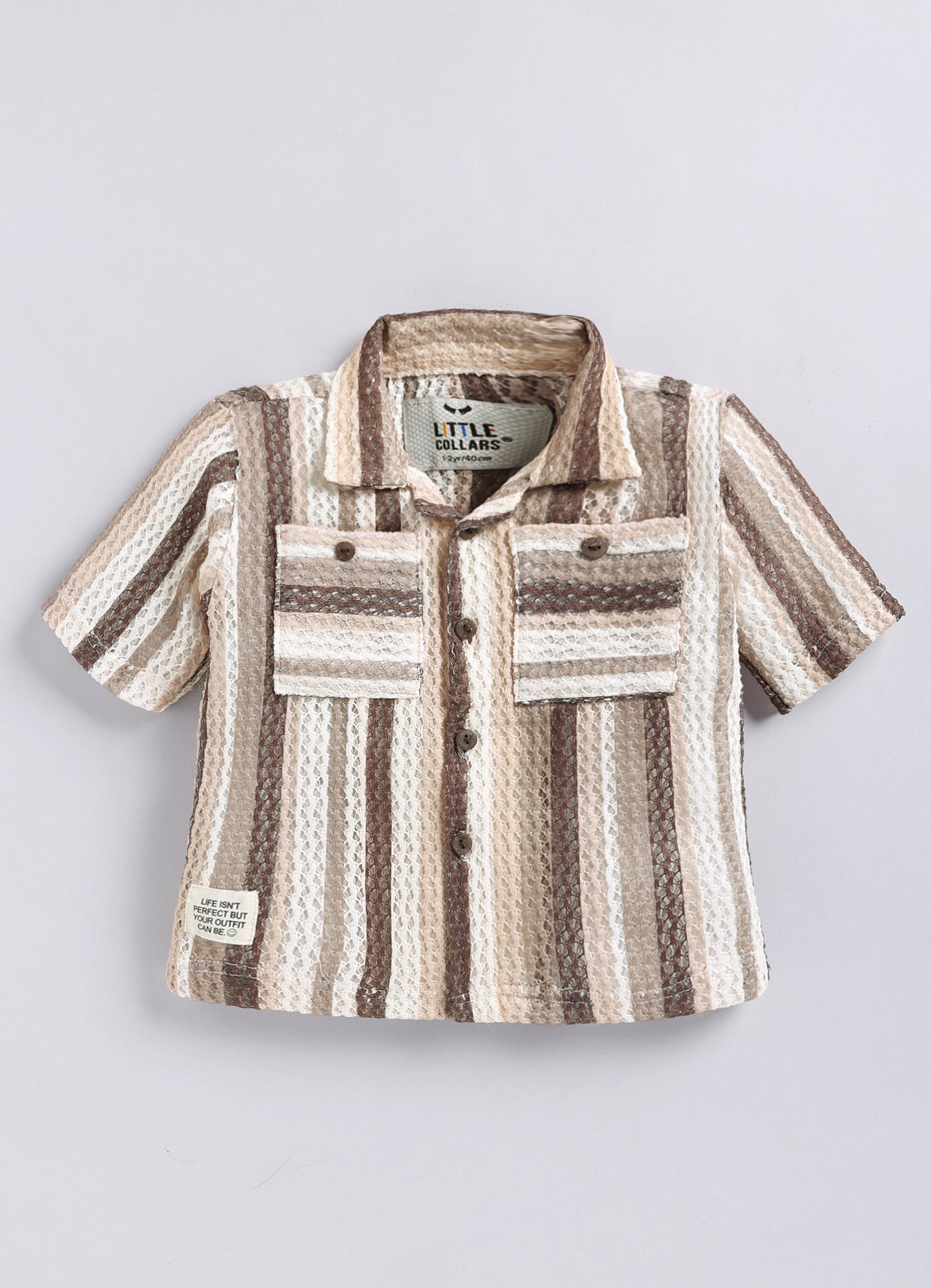 Boys Mesh Net Striped Korean Fit  Shirt, Forest printed T-Shirt, Short Pant with Jute Drawstring Casual Set - Coffee