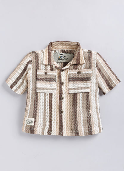 Boys Mesh Net Striped Korean Fit  Shirt, Forest printed T-Shirt, Short Pant with Jute Drawstring Casual Set - Coffee