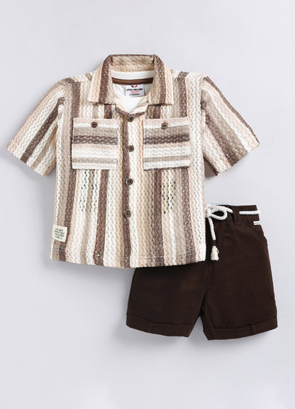 Boys Mesh Net Striped Korean Fit  Shirt, Forest printed T-Shirt, Short Pant with Jute Drawstring Casual Set - Coffee
