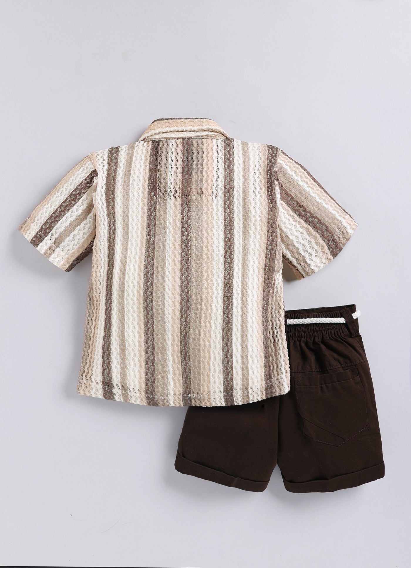 Boys Mesh Net Striped Korean Fit  Shirt, Forest printed T-Shirt, Short Pant with Jute Drawstring Casual Set - Coffee