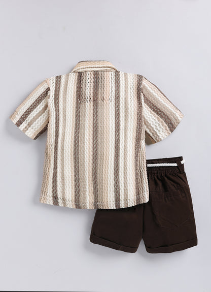 Boys Mesh Net Striped Korean Fit  Shirt, Forest printed T-Shirt, Short Pant with Jute Drawstring Casual Set - Coffee