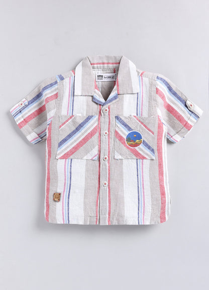 Boys Cotton Striped Shirt Solid Pant Set- Cherry