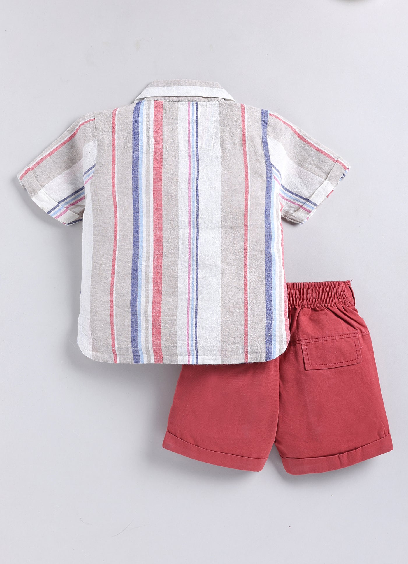 Boys Cotton Striped Shirt Solid Pant Set- Cherry