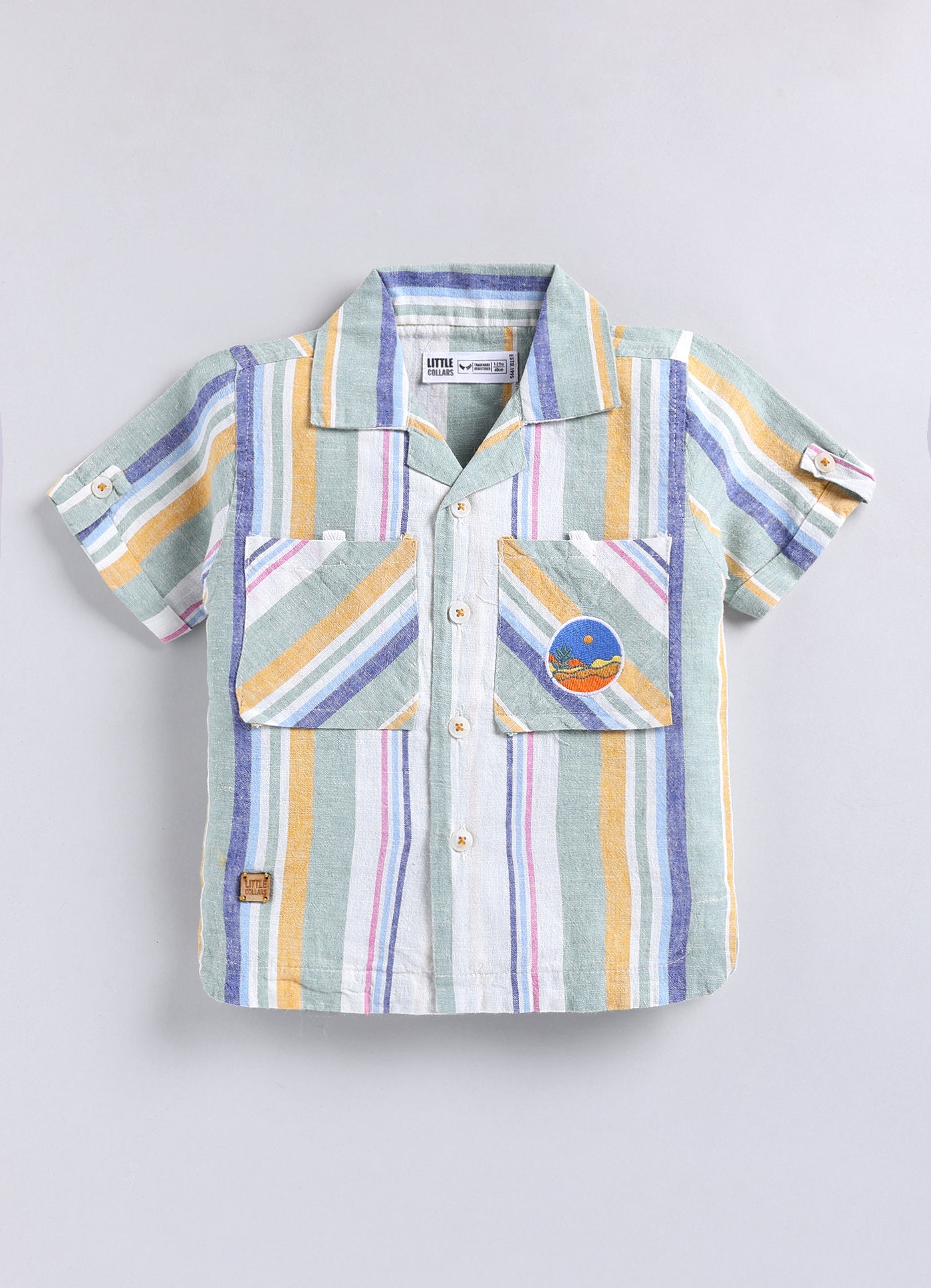 Boys Cotton Striped Shirt Solid Pant Set- Green