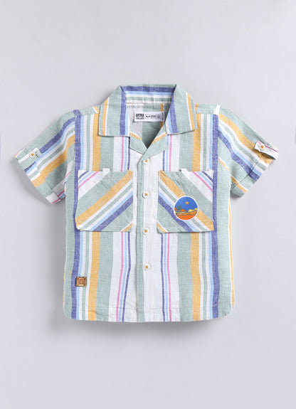 Boys Cotton Striped Shirt Solid Pant Set- Green