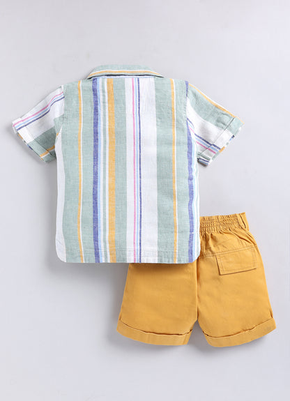 Boys Cotton Striped Shirt Solid Pant Set- Green