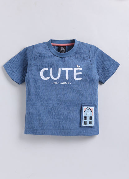 Boys Knitted Cotton T-Shirt, Pant, Crossbody Bag with Fluffy Animal Casual Coord Set- Blue