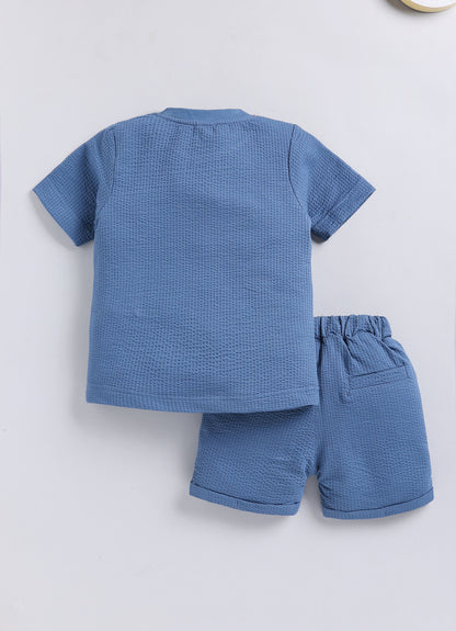 Boys Knitted Cotton T-Shirt, Pant, Crossbody Bag with Fluffy Animal Casual Coord Set- Blue