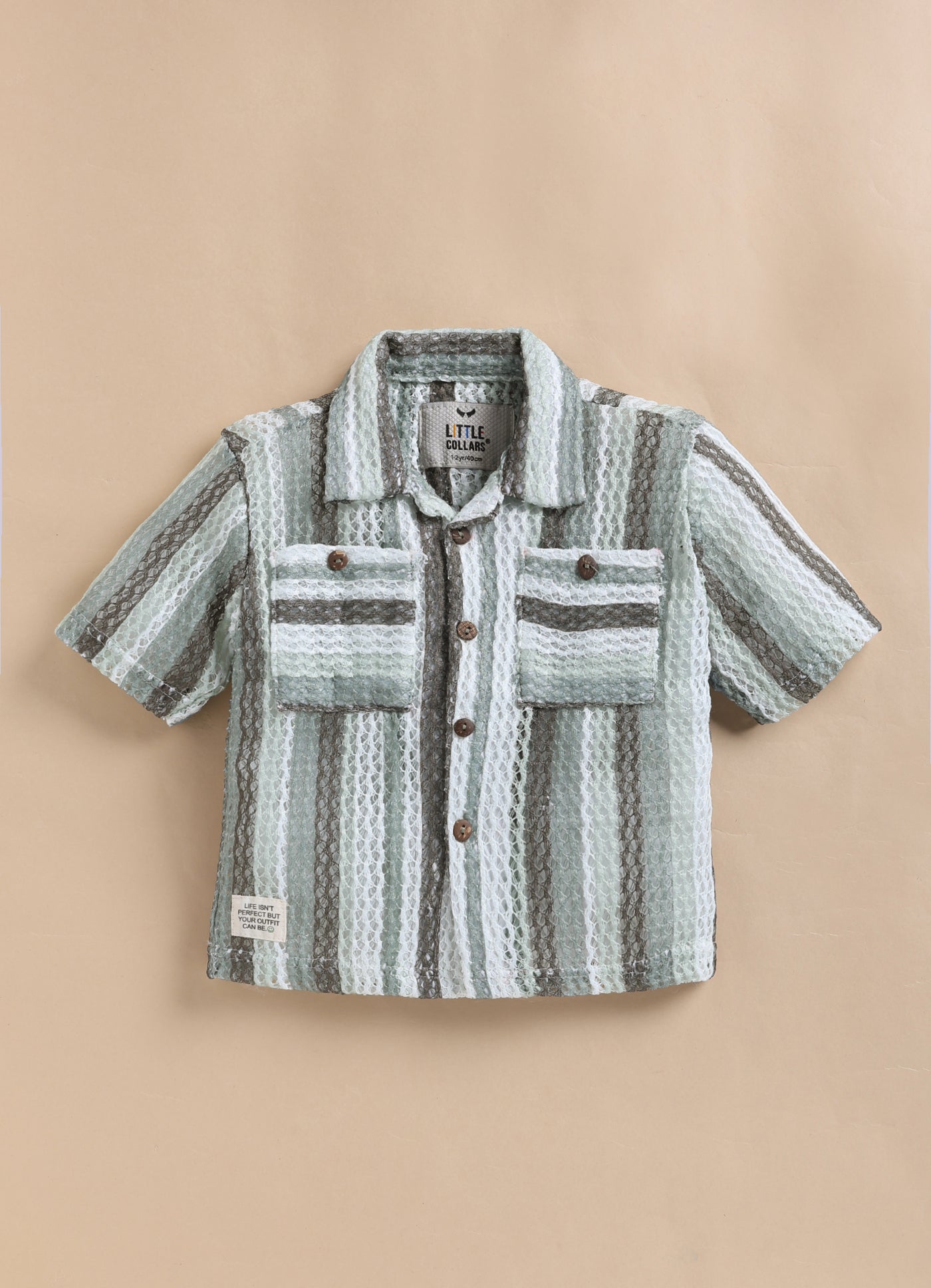 Boys Mesh Net Striped Korean Fit  Shirt, Forest printed T-Shirt, Short Pant with Jute Drawstring Casual Set - Green