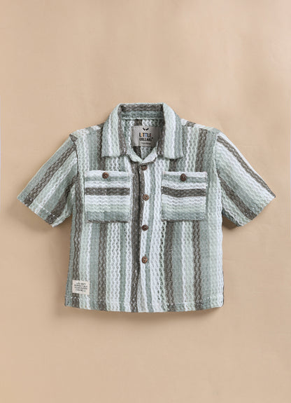 Boys Mesh Net Striped Korean Fit  Shirt, Forest printed T-Shirt, Short Pant with Jute Drawstring Casual Set - Green