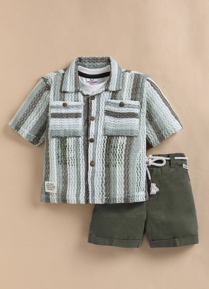 Boys Mesh Net Striped Korean Fit  Shirt, Forest printed T-Shirt, Short Pant with Jute Drawstring Casual Set - Green
