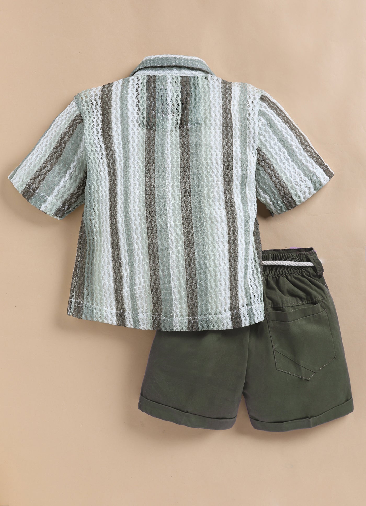 Boys Mesh Net Striped Korean Fit  Shirt, Forest printed T-Shirt, Short Pant with Jute Drawstring Casual Set - Green
