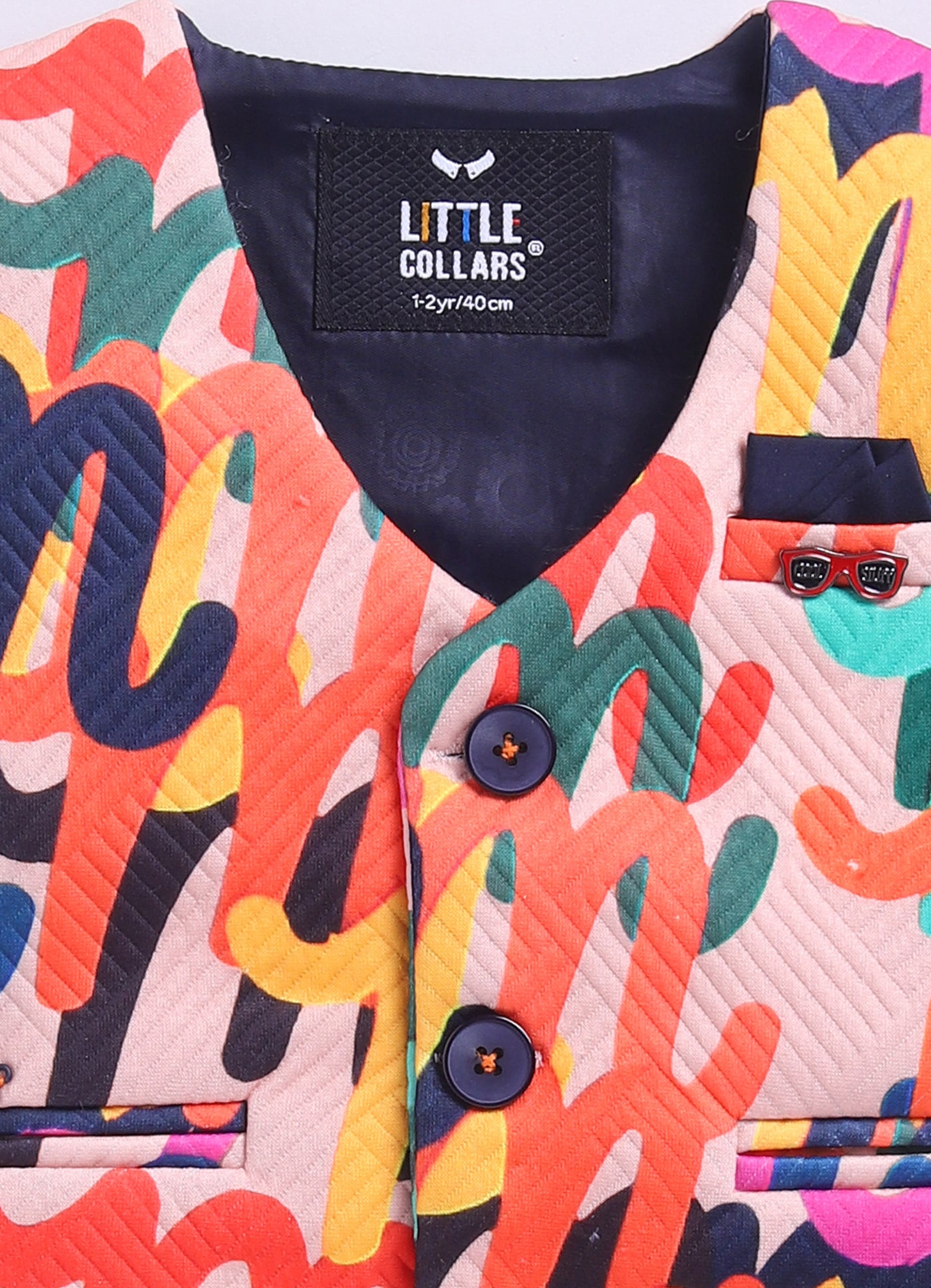 Blended Woven Full Sleeves Abstract Bright Printed Waistcoat Pant with Shirt & Bow Partywear Set- Blue