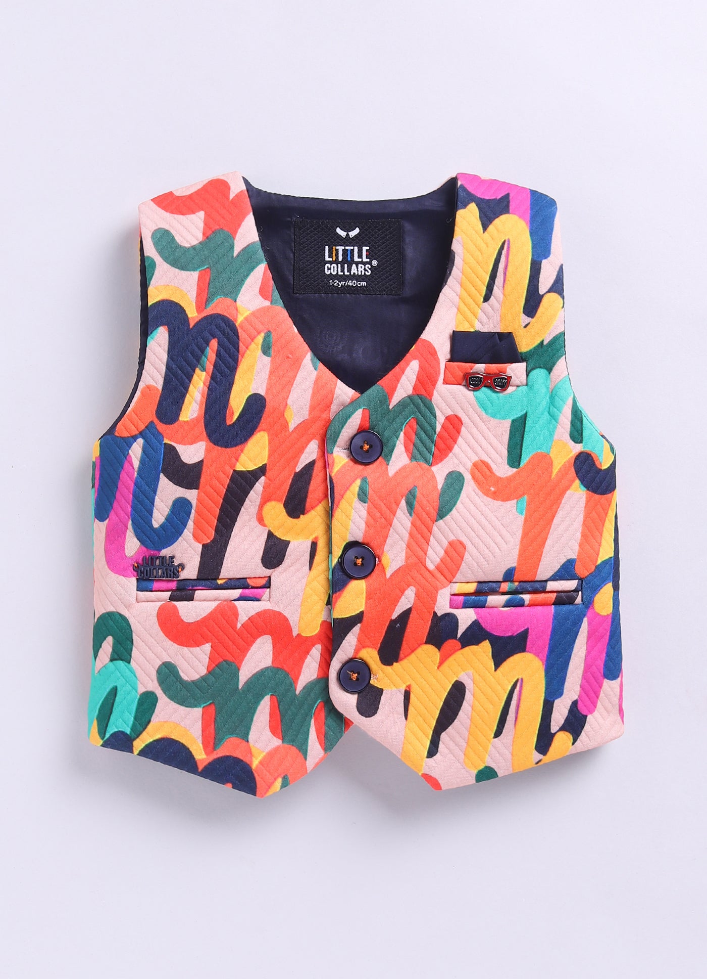 Blended Woven Full Sleeves Abstract Bright Printed Waistcoat Pant with Shirt & Bow Partywear Set- Blue