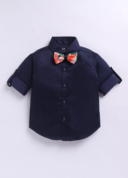 Blended Woven Full Sleeves Abstract Bright Printed Waistcoat Pant with Shirt & Bow Partywear Set- Blue