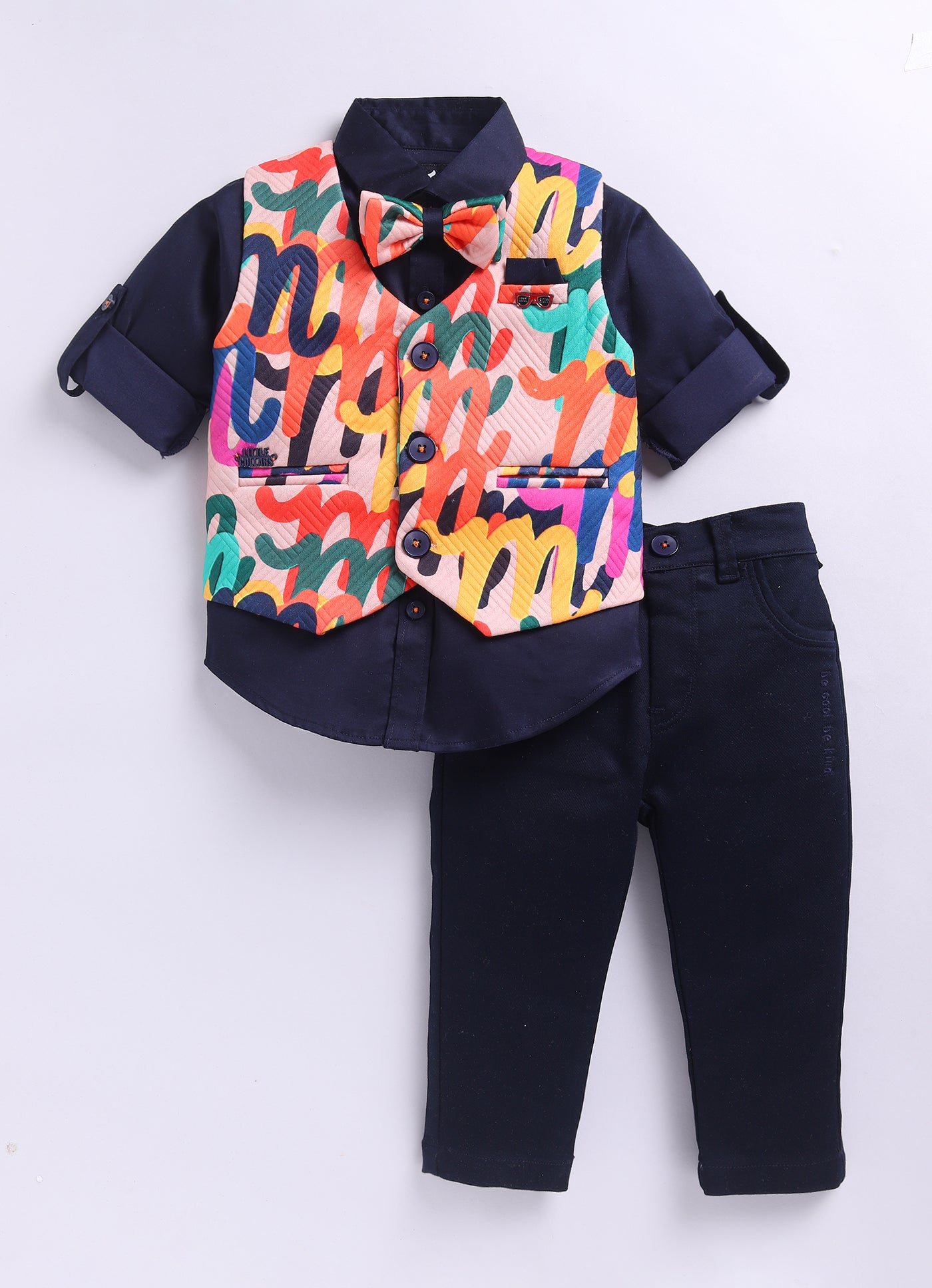 Blended Woven Full Sleeves Abstract Bright Printed Waistcoat Pant with Shirt & Bow Partywear Set- Blue