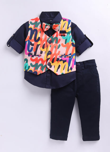 Blended Woven Full Sleeves Abstract Bright Printed Waistcoat Pant with Shirt & Bow Partywear Set- Blue