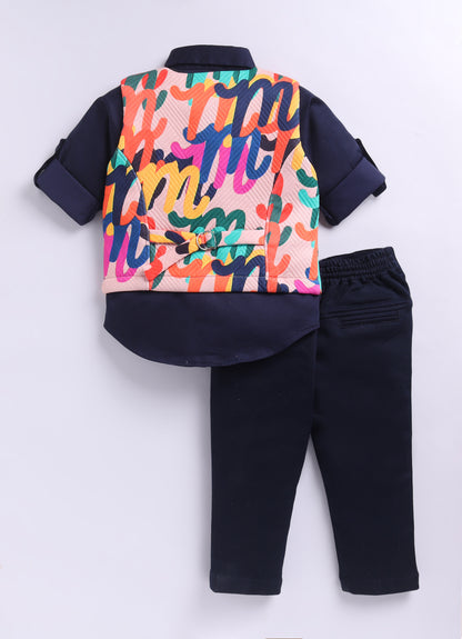 Blended Woven Full Sleeves Abstract Bright Printed Waistcoat Pant with Shirt & Bow Partywear Set- Blue