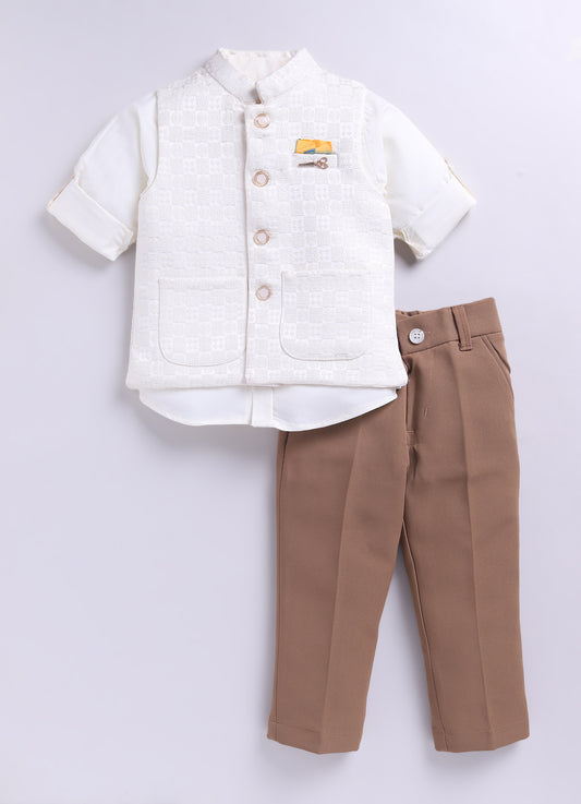 Blended Self Design Jaquard Full Sleeves Nehru Jacket Pant, Shirt, with Brooch Partywear Set- Cream