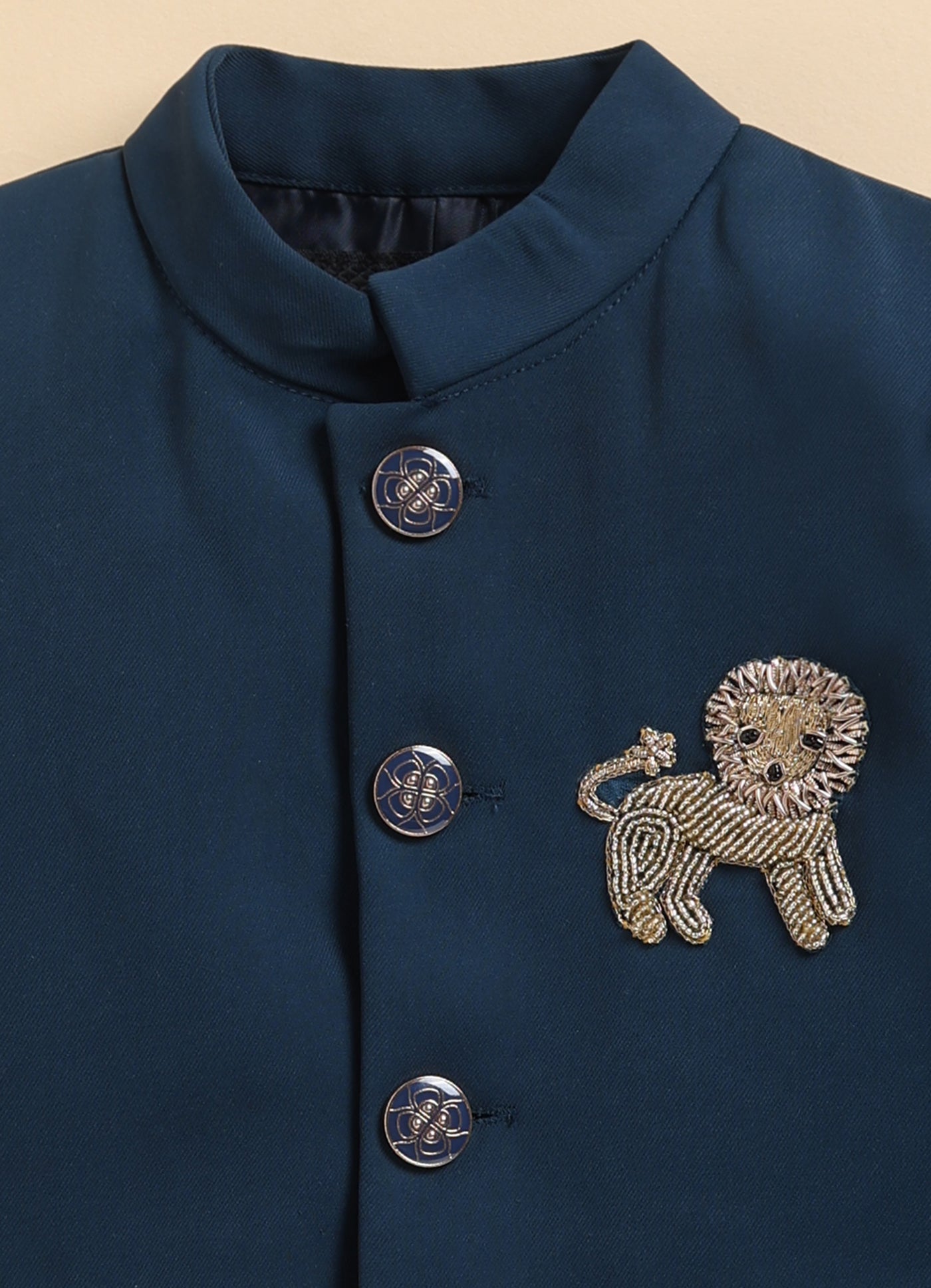 Terry Full Sleeves Lion Embroidered 3 Piece Party Suit Set- P. Blue