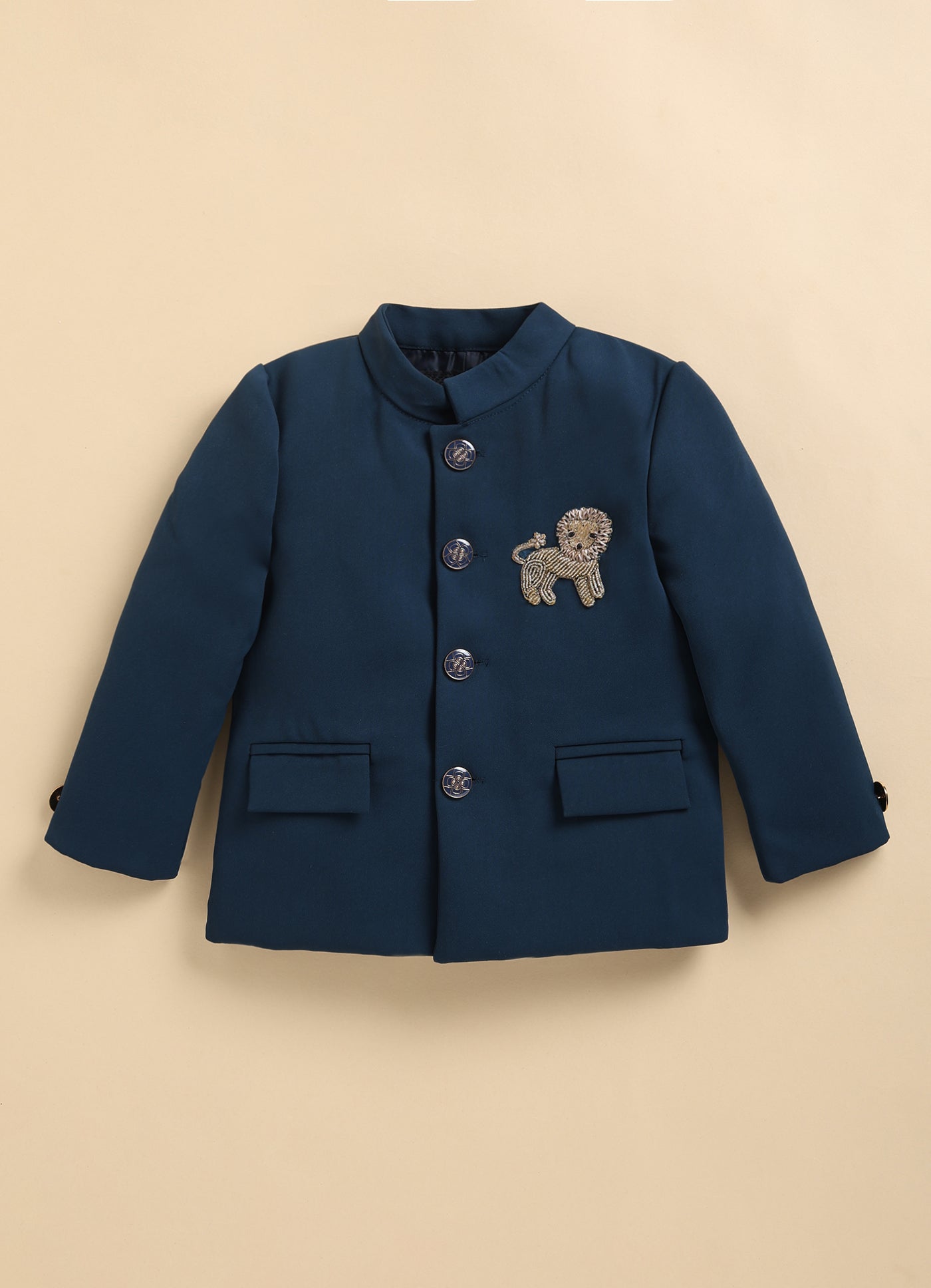 Terry Full Sleeves Lion Embroidered 3 Piece Party Suit Set- P. Blue