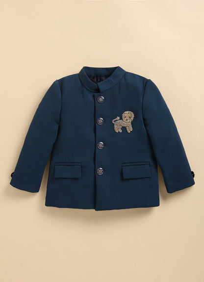 Terry Full Sleeves Lion Embroidered 3 Piece Party Suit Set- P. Blue