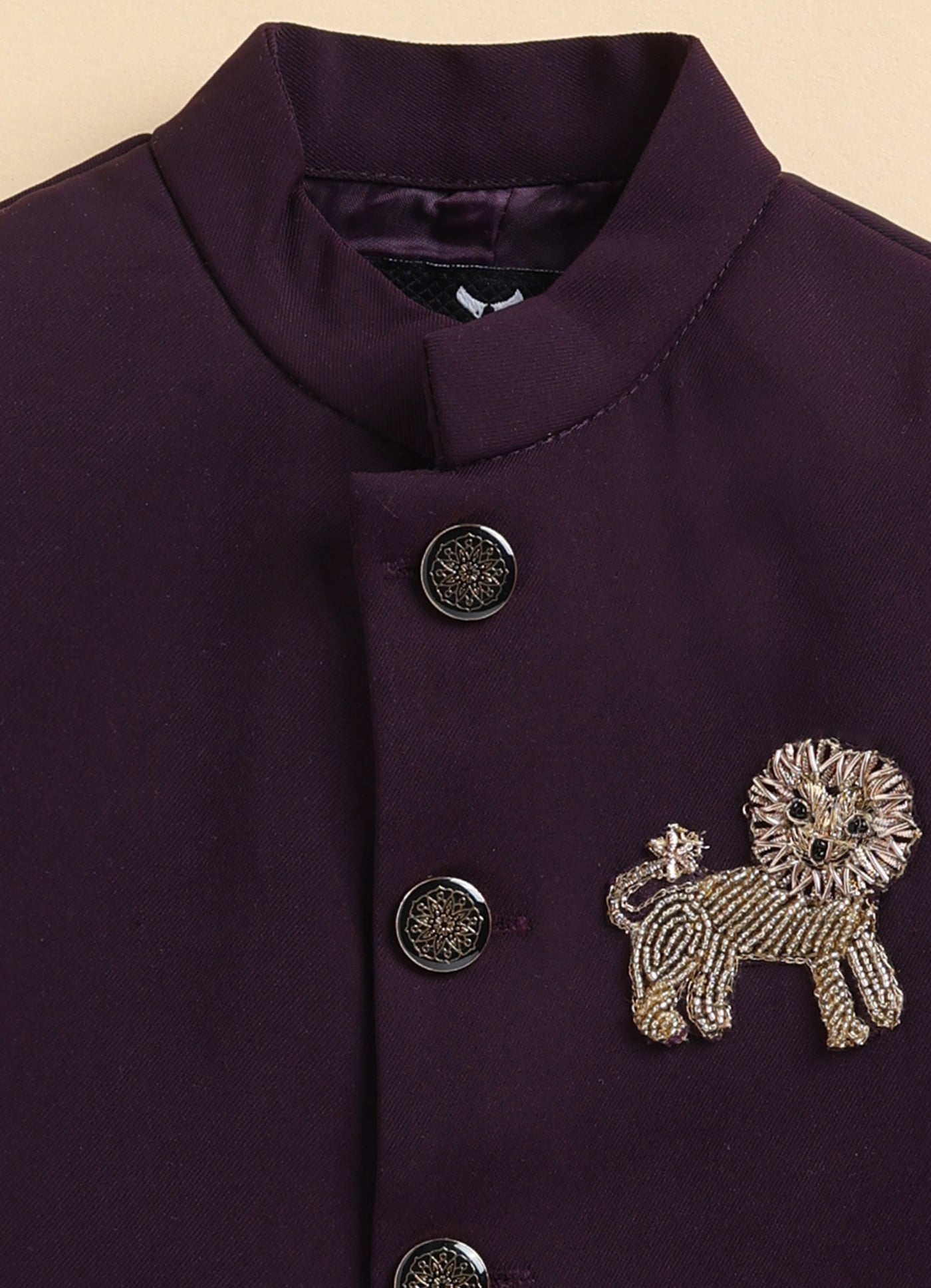 Terry Full Sleeves Lion Embroidered 3 Piece Party Suit Set- Wine