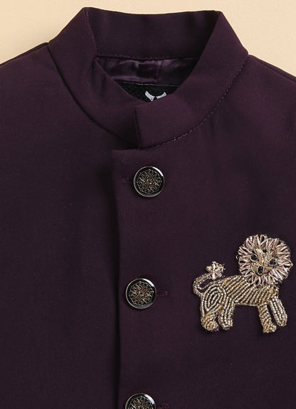 Terry Full Sleeves Lion Embroidered 3 Piece Party Suit Set- Wine