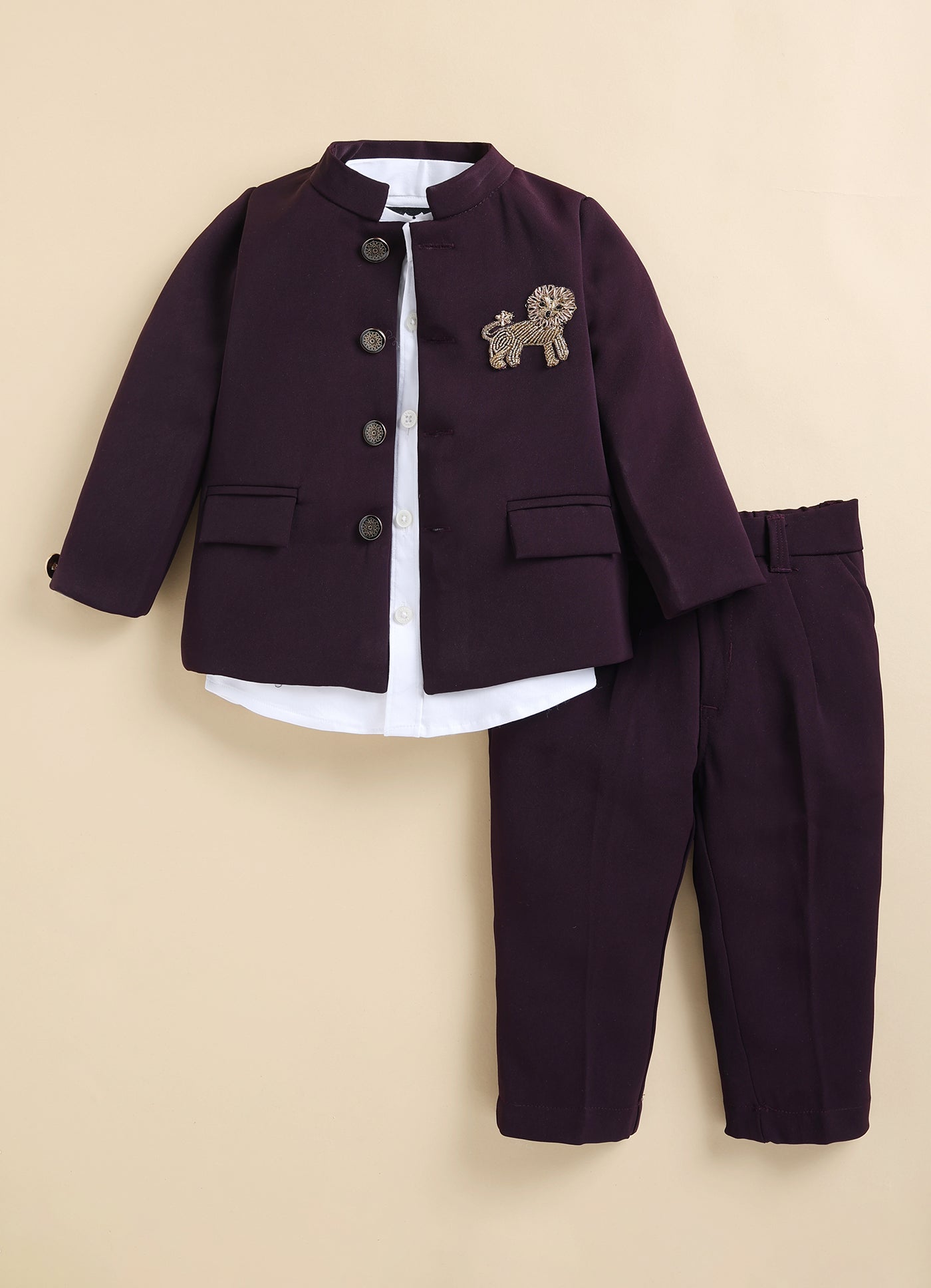 Terry Full Sleeves Lion Embroidered 3 Piece Party Suit Set- Wine