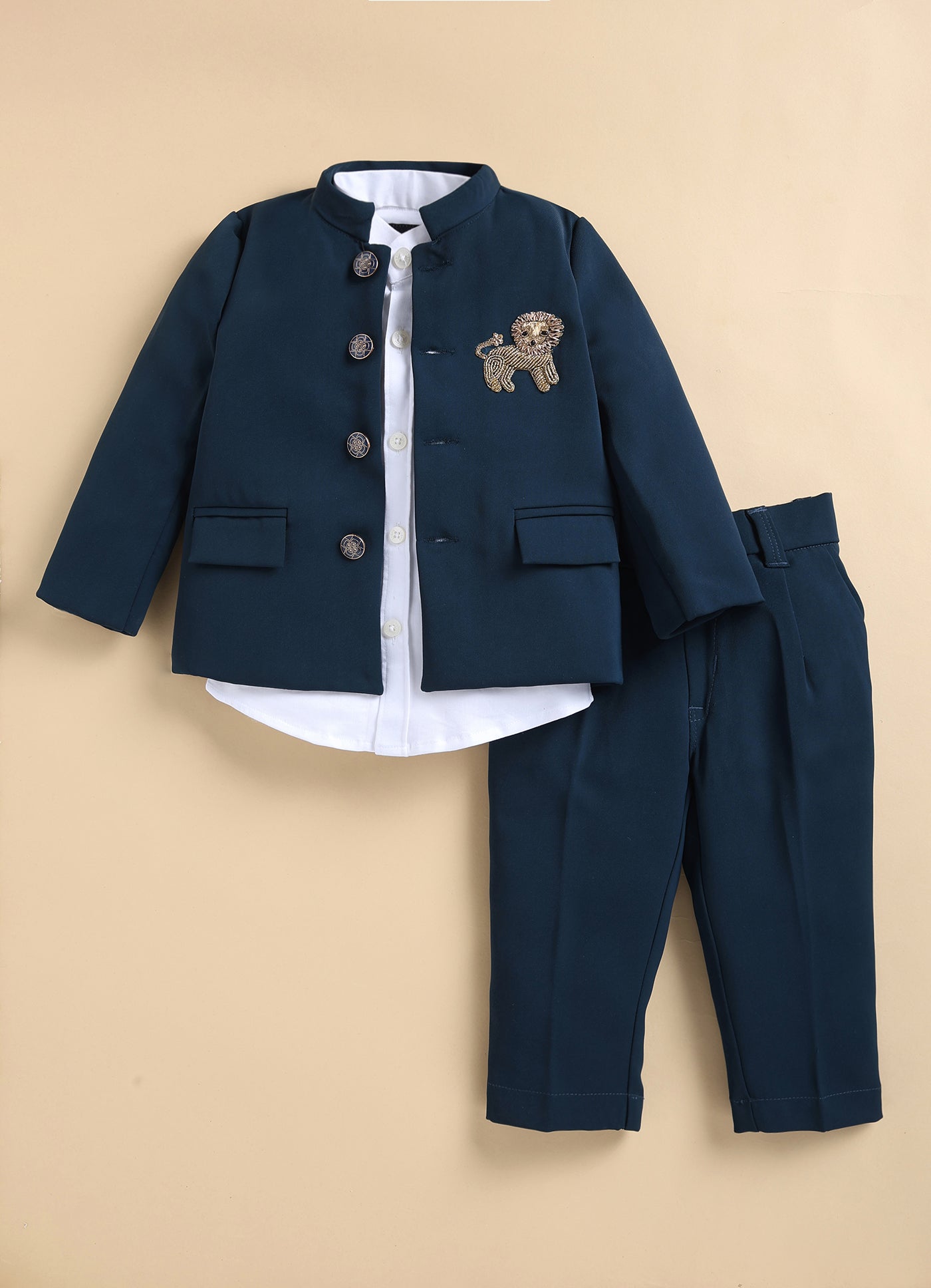  Terry Full SLeeves Lion Embroidered 3 Piece Party Suit Set - Navy Blue
