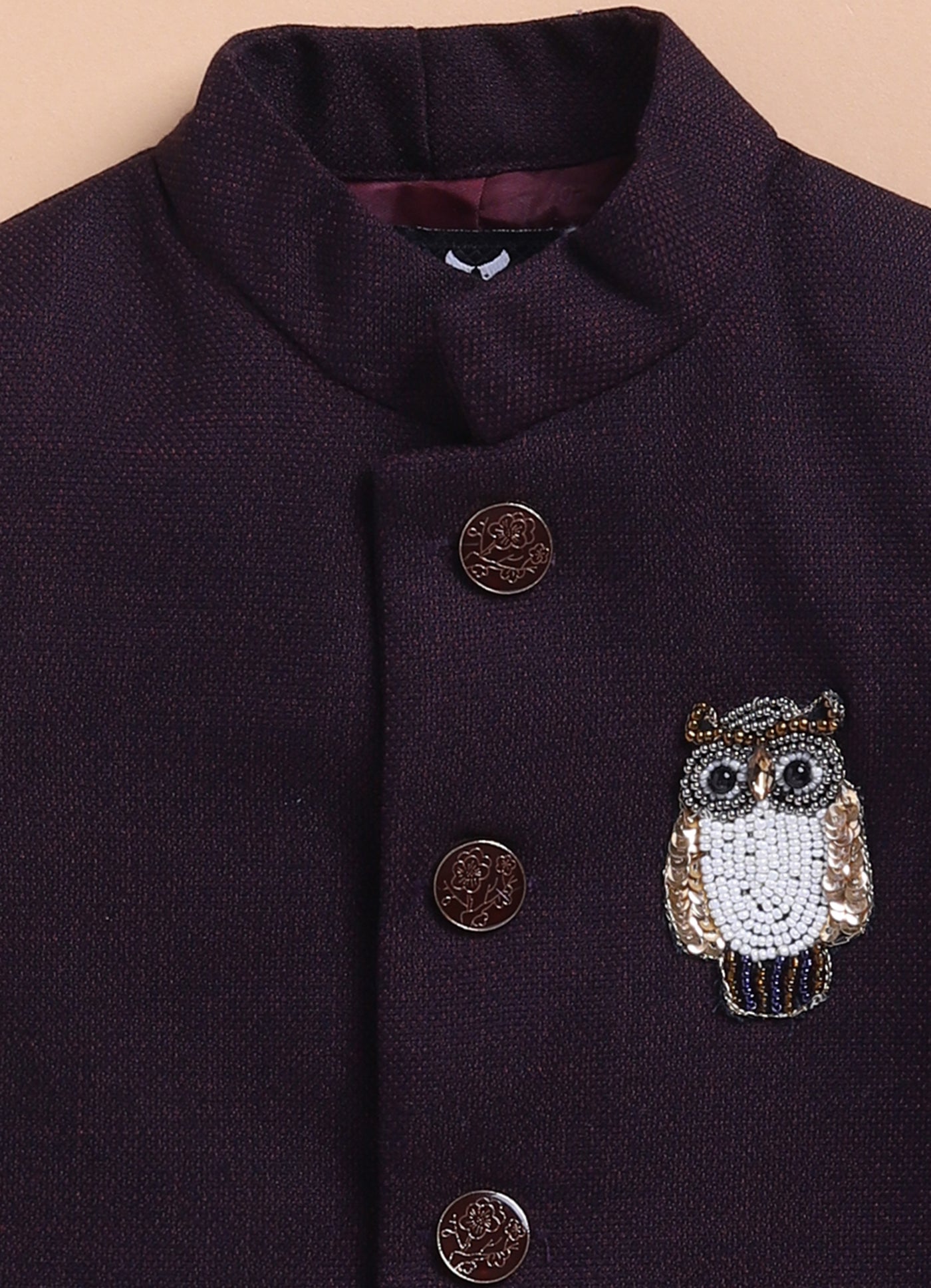 Terry Cotton Woven Full Sleeves Owl Embroidered Prince Coat Pant With Shirt Party Suit Set- Maroon