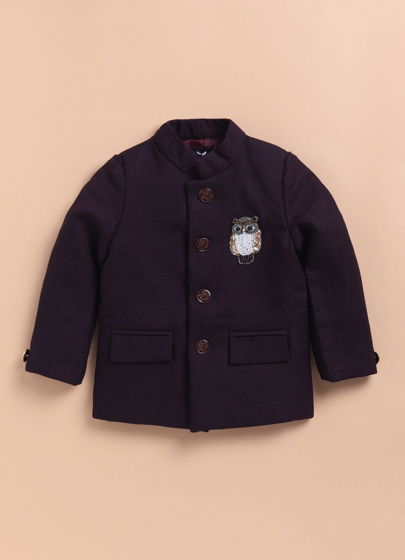 Terry Cotton Woven Full Sleeves Owl Embroidered Prince Coat Pant With Shirt Party Suit Set- Maroon