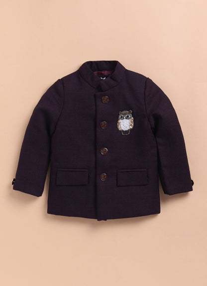 Terry Cotton Woven Full Sleeves Owl Embroidered Prince Coat Pant With Shirt Party Suit Set- Maroon
